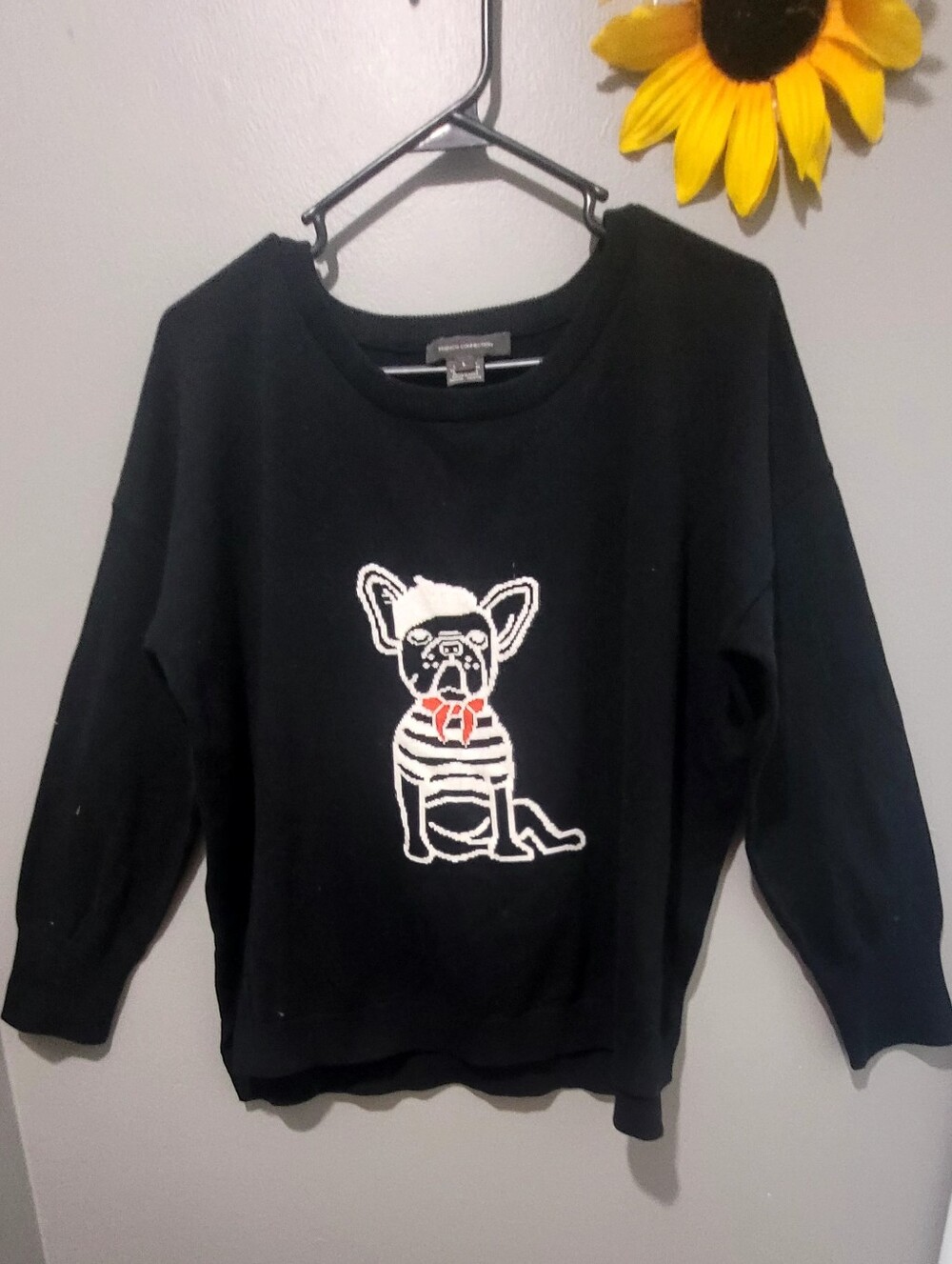 French Cpnnection Black le Frenchie Bulldog Pullover Sweater Sz Lg